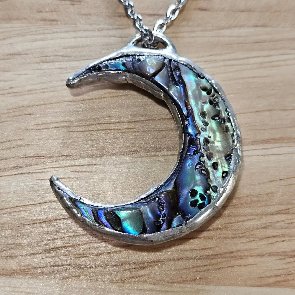Abalone Crescent Moon Reversible Pendant Necklace with Silver Chain